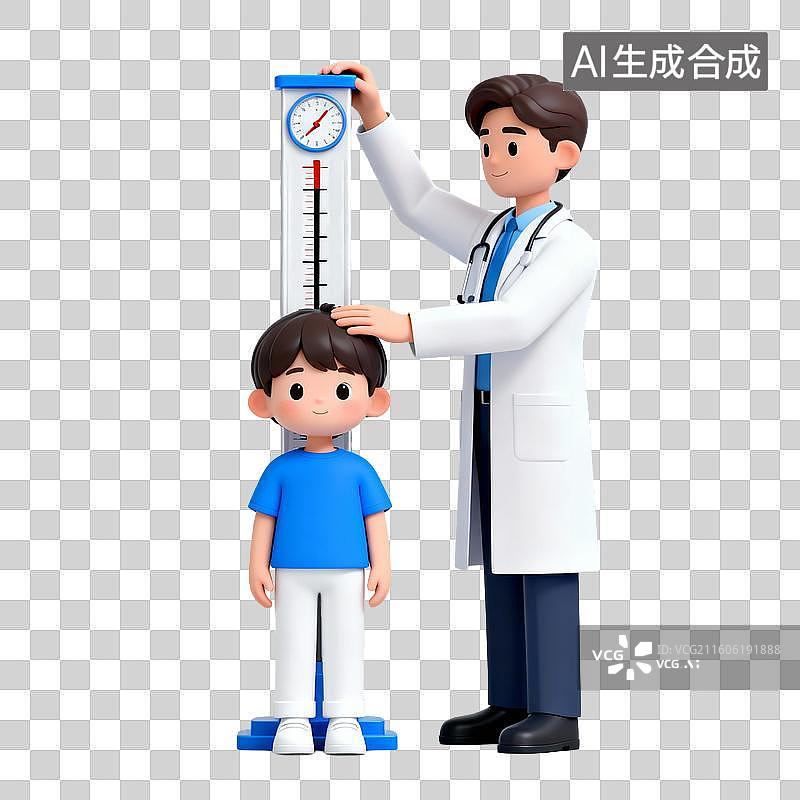 【AI数字艺术】3D拟物风格医疗器械医疗用品元素医生给儿童量身高图片素材