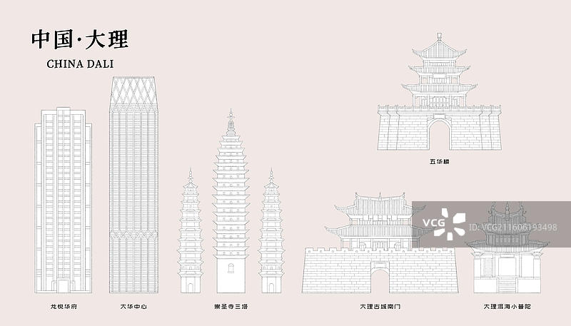 云南大理城市地标建筑插画线稿图片素材