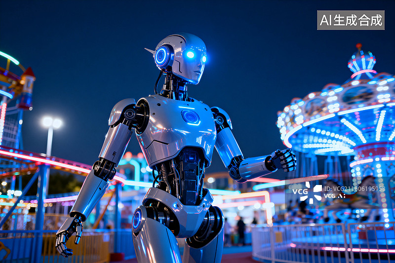 【AI数字艺术】夜晚游乐园中的机器人图片素材