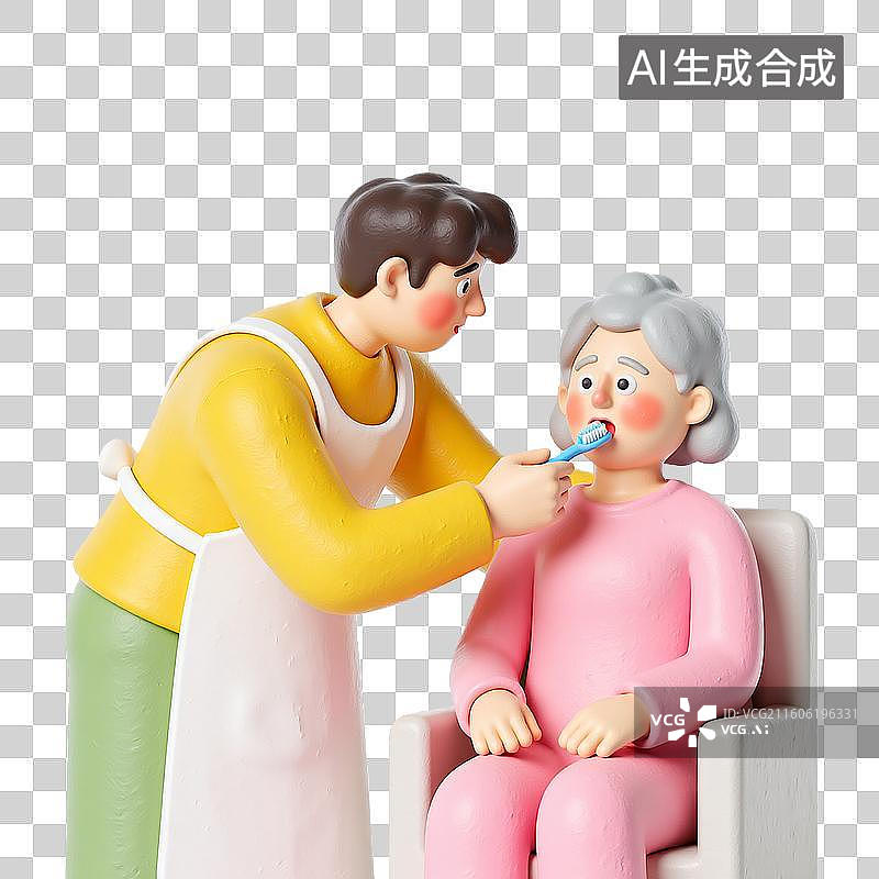 【AI数字艺术】3d粘土风格医疗健康护工与老年人人物图片素材