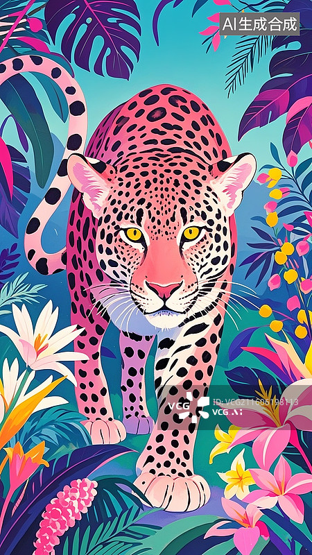 【AI数字艺术】复古时尚插画风格，丛林中一只矫健行走的美洲豹，主体为玫粉色与淡粉色渐变的皮毛，带有深色豹纹斑点。图片素材