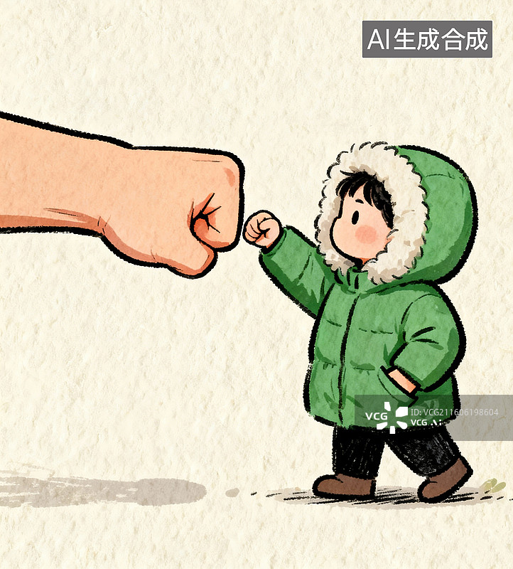 【AI数字艺术】手绘插画一个大拳头，一个小孩穿着绿色包头棉衣，小手拳头去碰大拳头，背景奶油砂纸，漫画风格图片素材