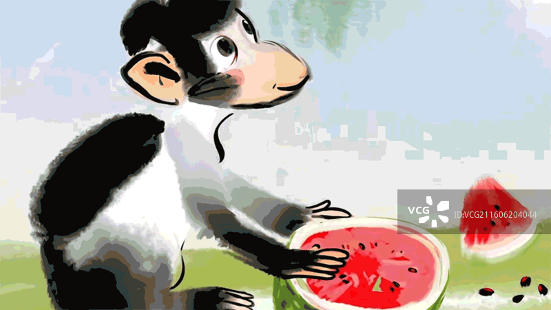 中式美学 水墨 中国画 插图 猴子 西瓜 水果 夏天 大暑图片素材