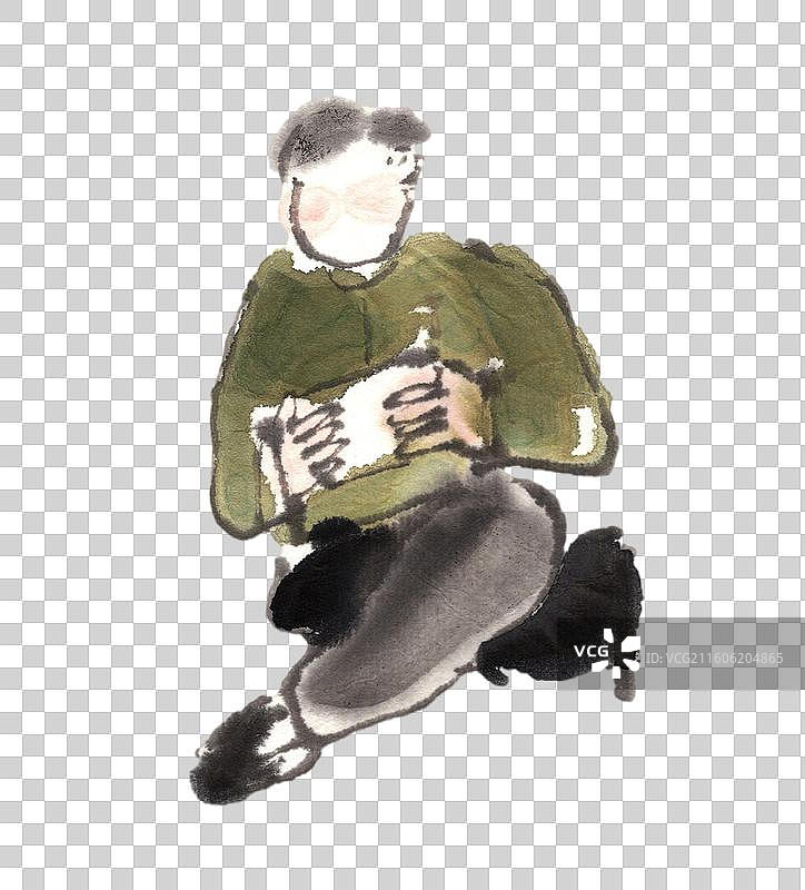 水墨画 手绘 高雅 中国画 人 玩手机 盘腿图片素材