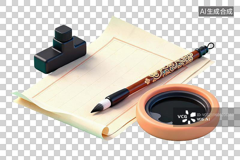 【AI数字艺术】卡通风格，文房用品，笔墨纸砚PNG格式的免扣元素图片素材