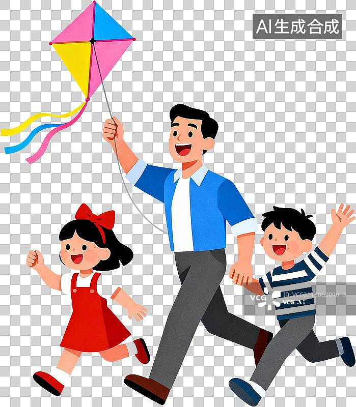 【AI数字艺术】扁平卡通插画人物父亲节爸爸和孩子开心的玩耍快乐亲子时光插画元素免抠图形图片素材