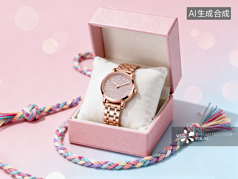 【AI数字艺术】粉色礼盒中放置的玫瑰金手表插画图片素材