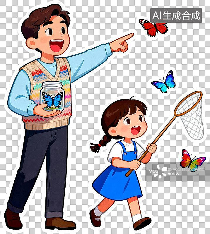 【AI数字艺术】扁平卡通插画人物父亲节爸爸和孩子开心的玩耍快乐亲子时光插画元素免抠图形图片素材