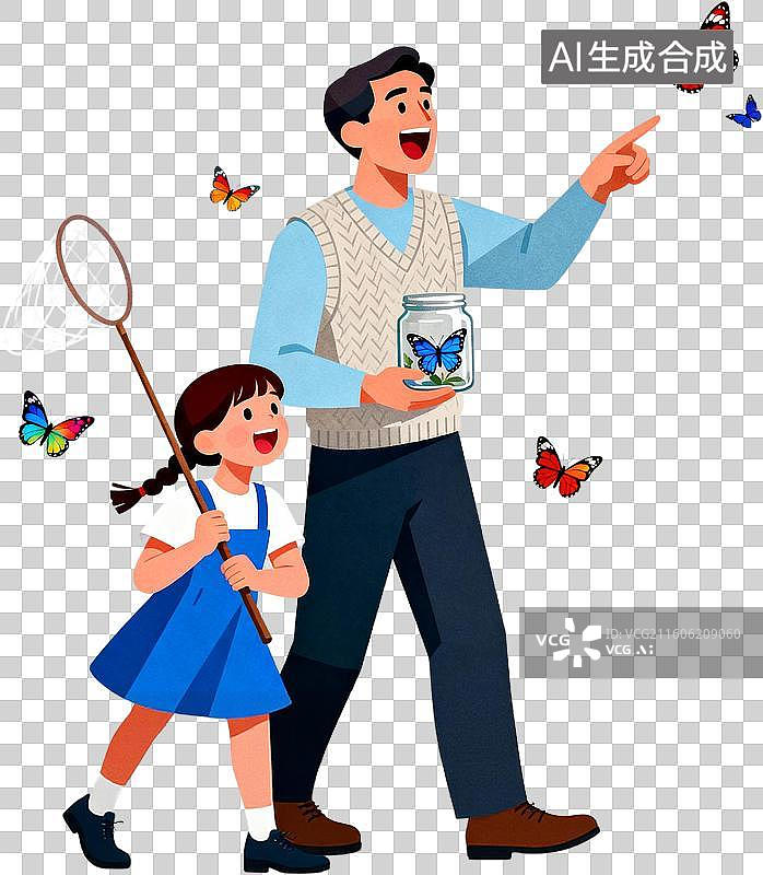 【AI数字艺术】扁平卡通插画人物父亲节爸爸和孩子开心的玩耍快乐亲子时光插画元素免抠图形图片素材