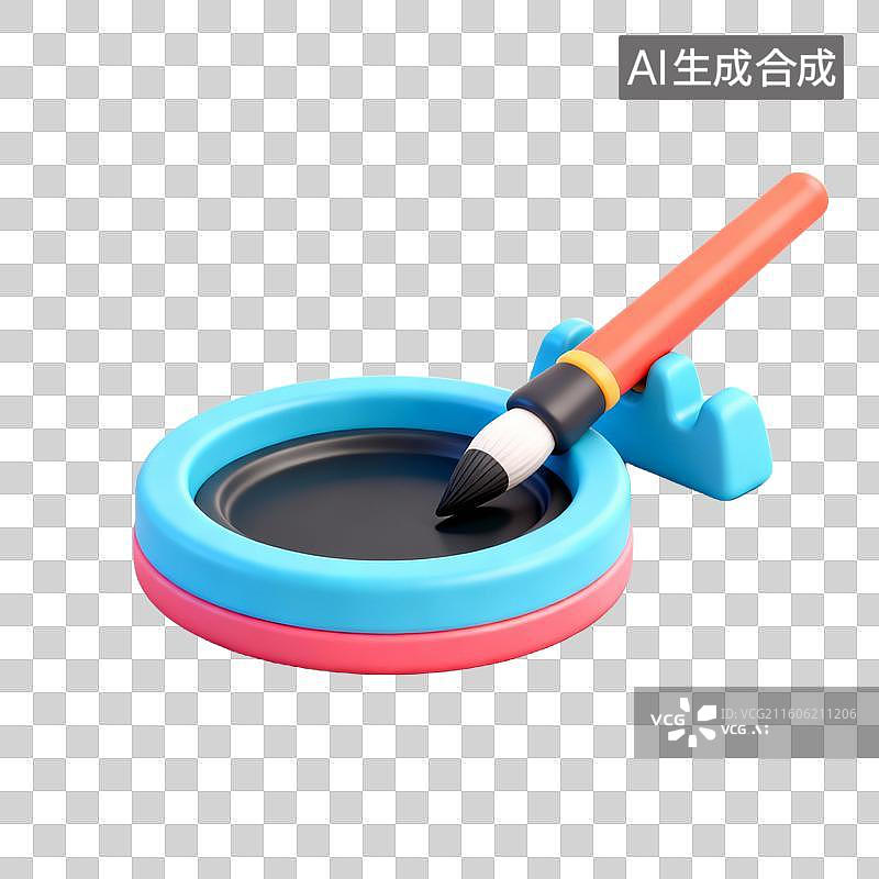 【AI数字艺术】3D拟物风格教育器具用品元素书法毛笔砚台图片素材