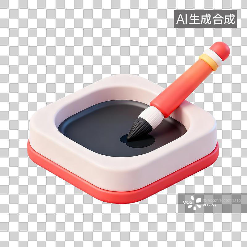 【AI数字艺术】3D拟物风格教育器具用品元素书法毛笔砚台图片素材