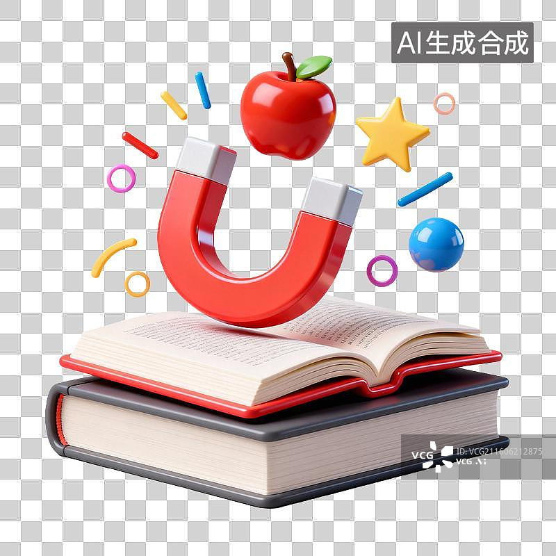 【AI数字艺术】3D拟物风格教育器具用品学科设计元素物理磁铁苹果牛顿图片素材