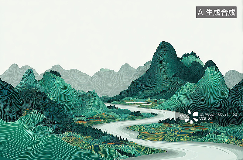 【AI数字艺术】青山绿水蜿蜒河流图片素材