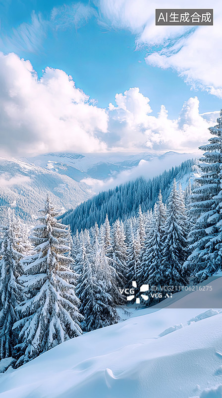 【AI数字艺术】雪覆松林与远山云海图片素材