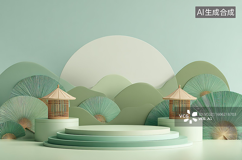【AI数字艺术】青绿色调的舞台布景图片素材