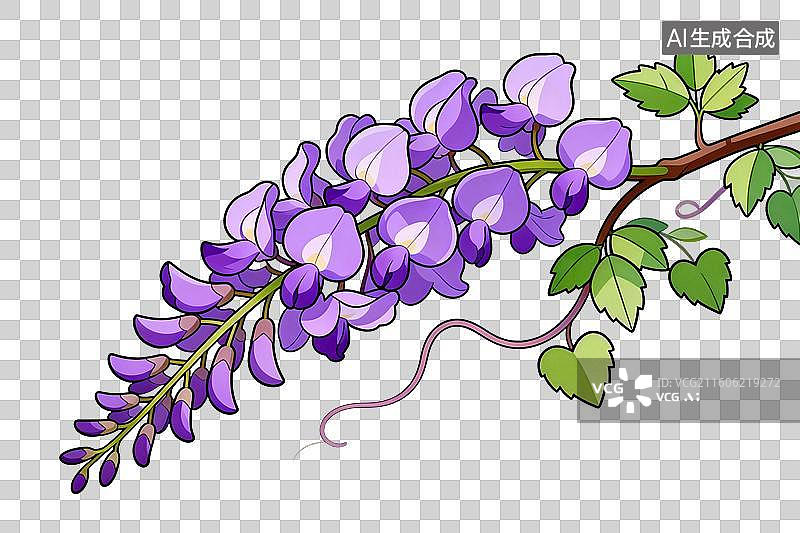 【AI数字艺术】卡通风格，一株盛开的紫藤萝PNG格式的免扣元素图片素材