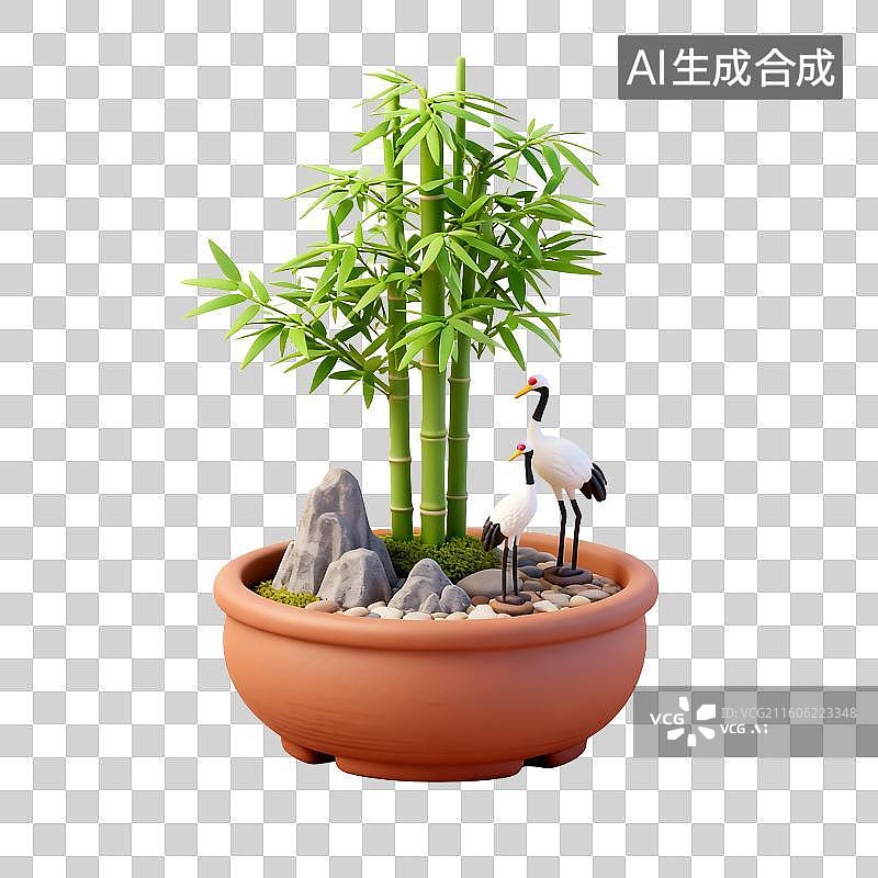 【AI数字艺术】竹鹤盆景盆栽景观图片素材