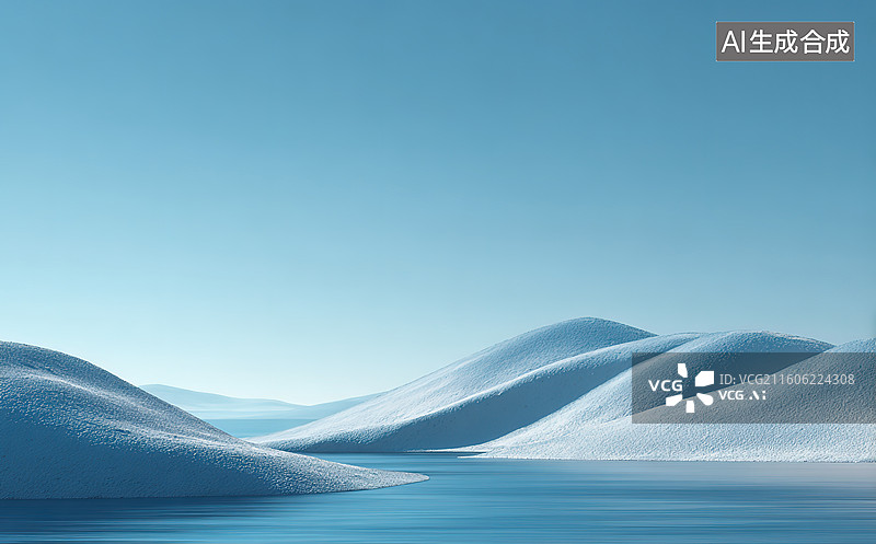 【AI数字艺术】雪丘与平静湖面的自然景观图片素材