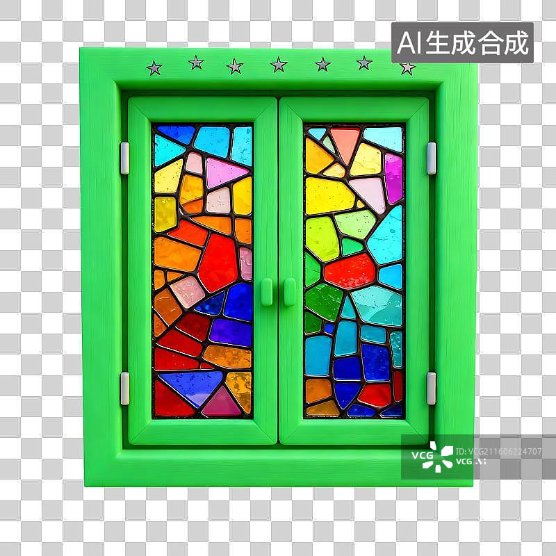 【AI数字艺术】绿色框架彩色玻璃窗户图片素材