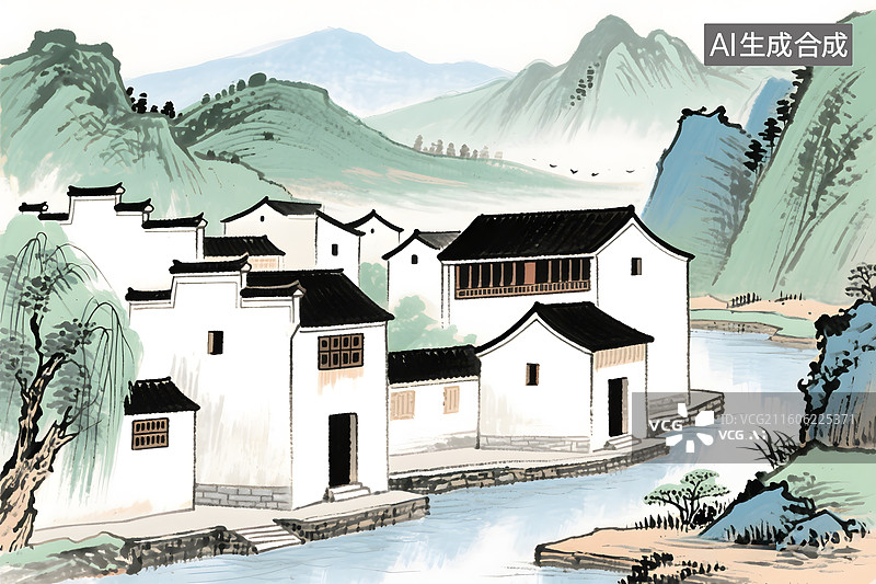 【AI数字艺术】徽派建筑山水风光图片素材
