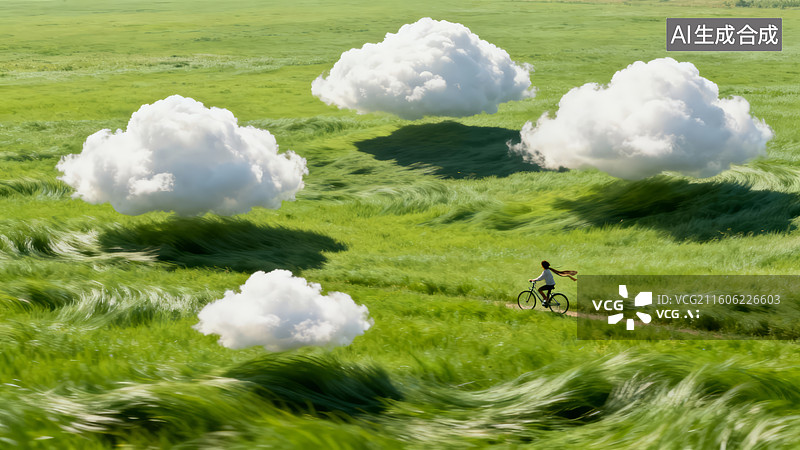 【AI数字艺术】绿色草地与飘浮云朵图片素材