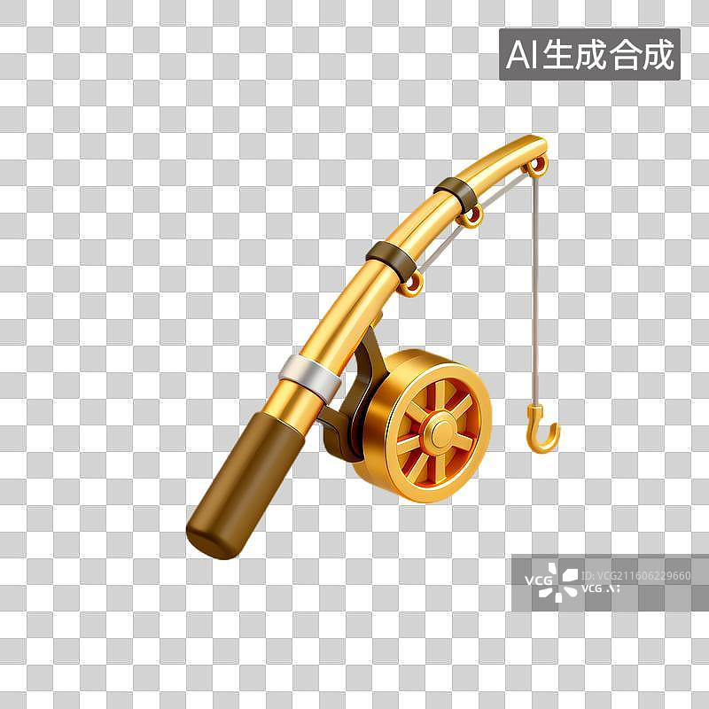 【AI数字艺术】金色钓鱼竿与渔轮鱼钩图片素材