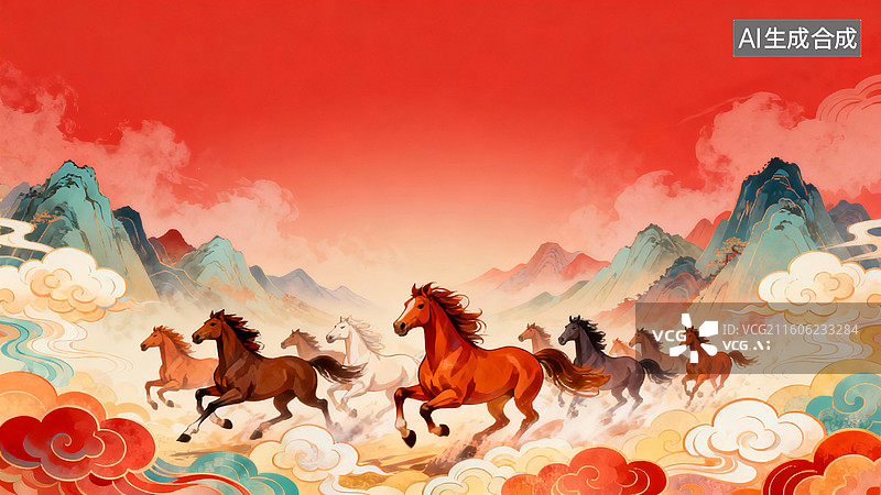 【AI数字艺术】国潮风万马奔腾插画图片素材