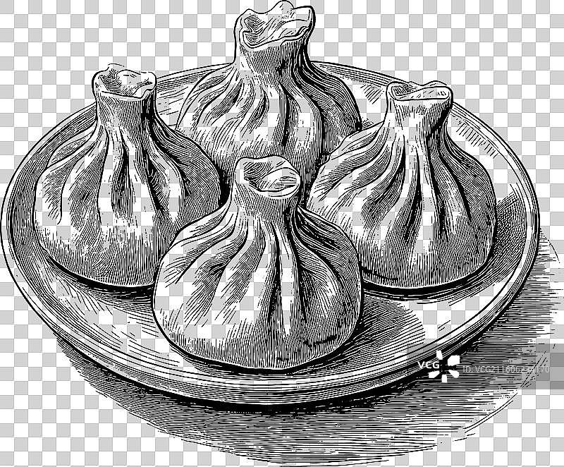 Khinkali 盘子的复古雕刻图图片素材