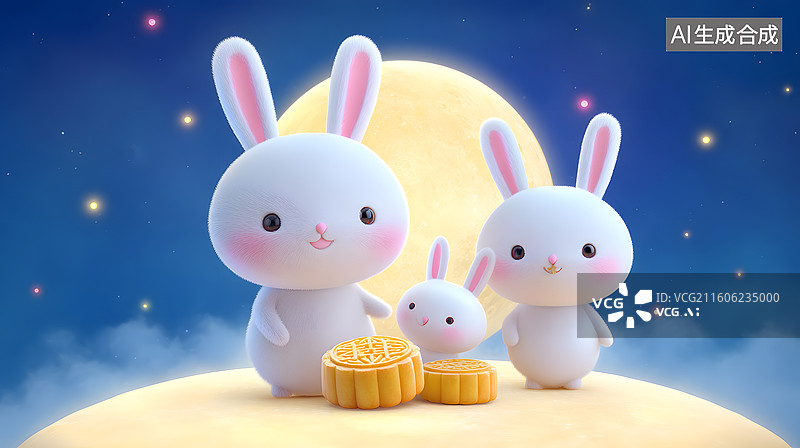 【AI数字艺术】玉兔赏月插画图片素材