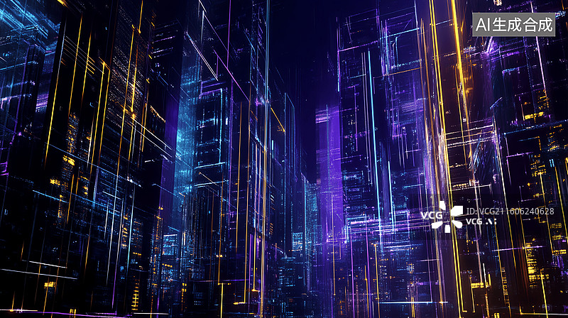 【AI数字艺术】赛博朋克霓虹线条数字智慧城市摩天大楼抽象商务科技背景图片素材