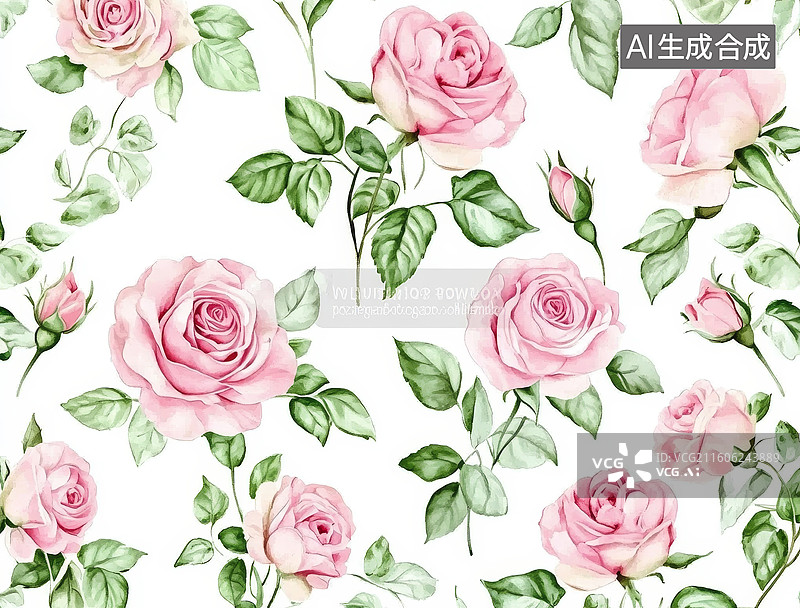 【AI数字艺术】粉色玫瑰花与绿叶图案图片素材