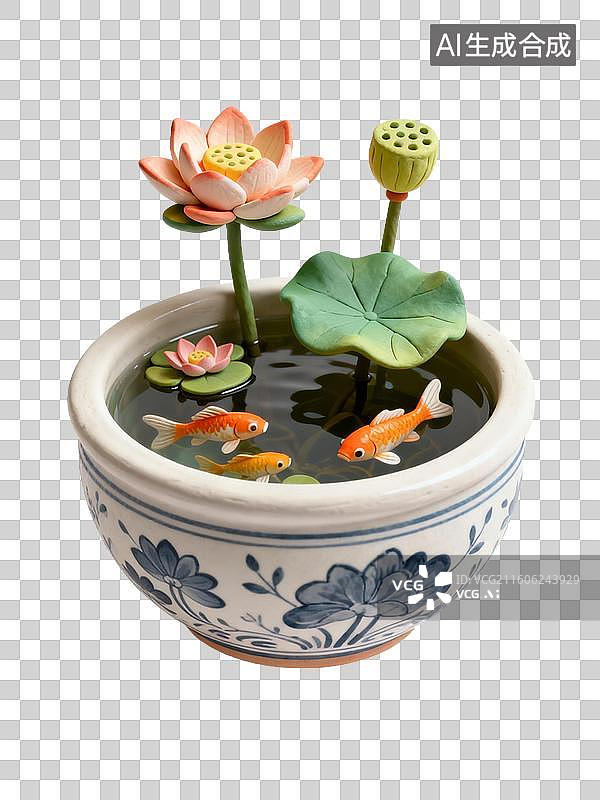 【AI数字艺术】带有莲花金鱼的陶瓷水缸图片素材