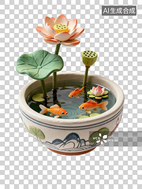 【AI数字艺术】带有莲花金鱼的陶瓷水缸图片素材