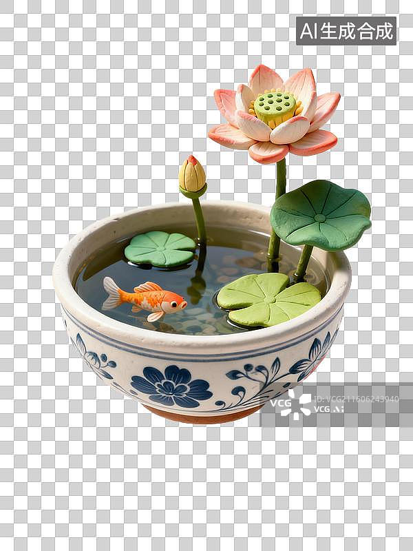 【AI数字艺术】带有莲花金鱼的陶瓷水缸图片素材