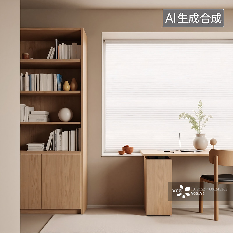 【AI数字艺术】简约原木风书房设计图片素材