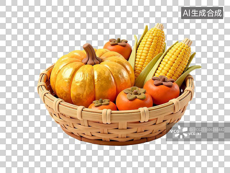 【AI数字艺术】装满南瓜玉米和小麦的丰收篮子图片素材