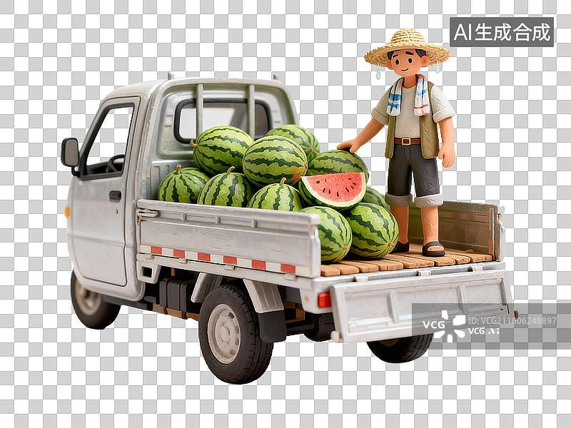 【AI数字艺术】装载西瓜的微型三轮车与农夫图片素材
