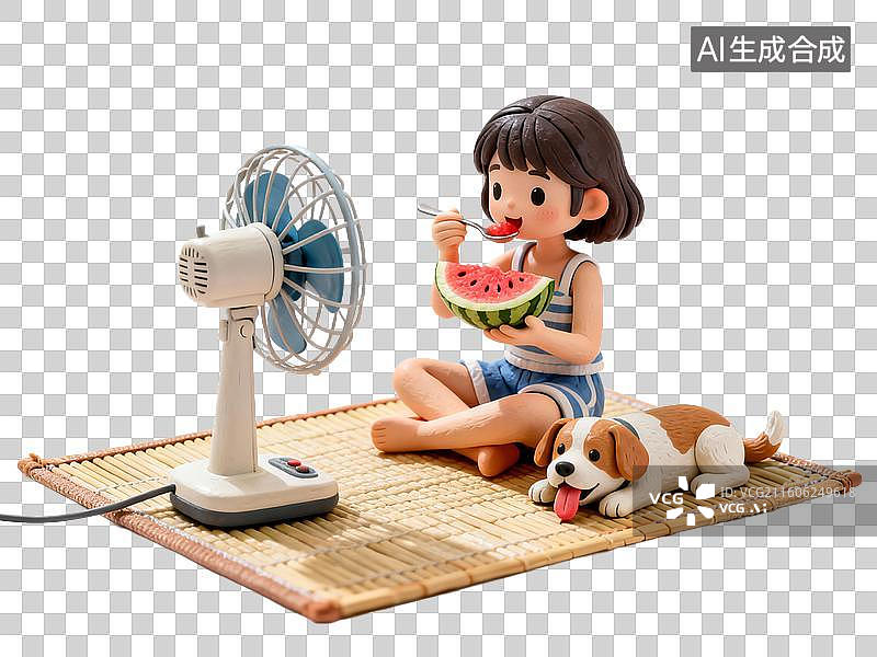 【AI数字艺术】女孩坐席吃西瓜伴风扇与小狗图片素材