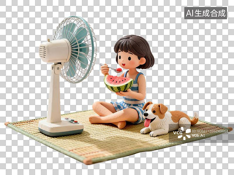 【AI数字艺术】女孩坐席吃西瓜伴风扇与小狗图片素材