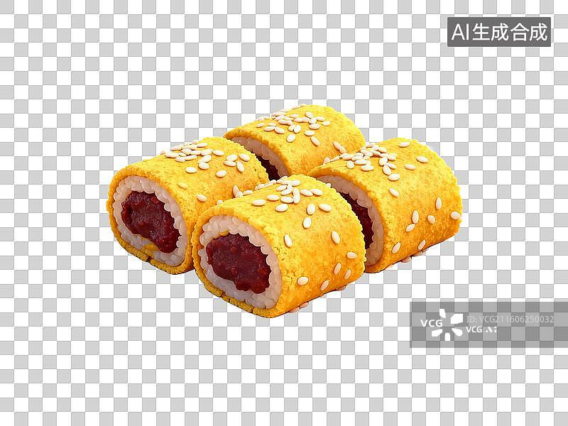 【AI数字艺术】北京小吃驴打滚金黄色卷状糕点特写图片素材