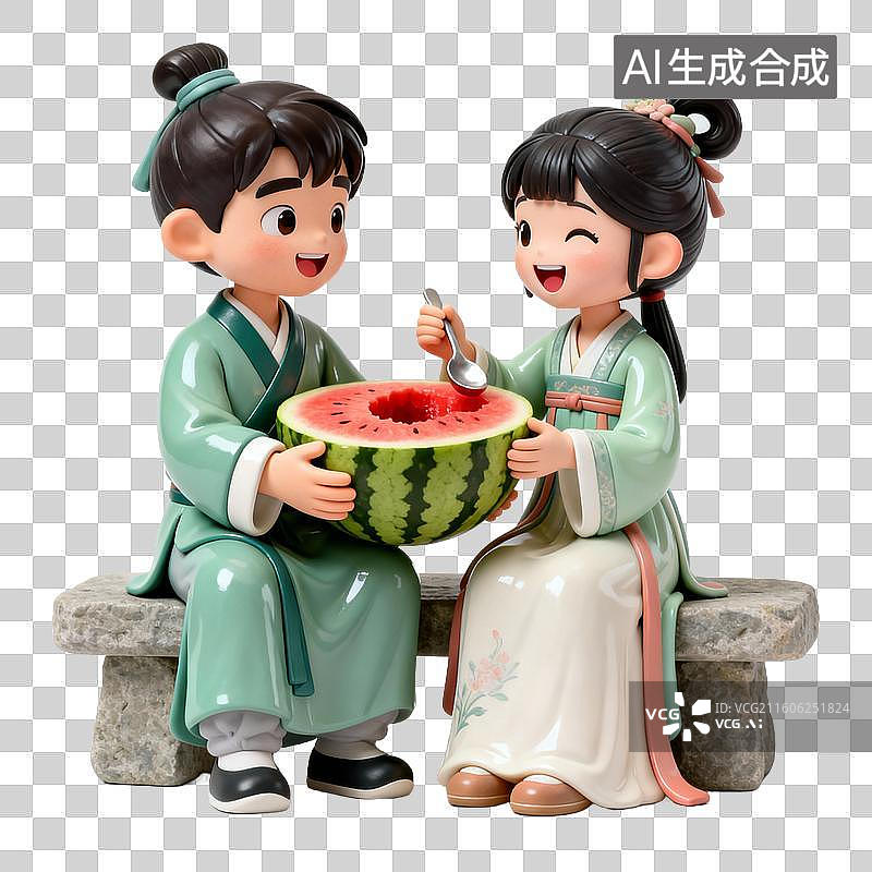【AI数字艺术】传统服饰卡通人物共享西瓜图片素材