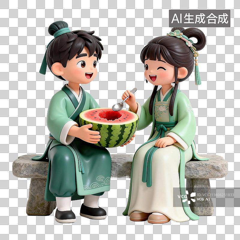 【AI数字艺术】传统服饰卡通人物共享西瓜图片素材