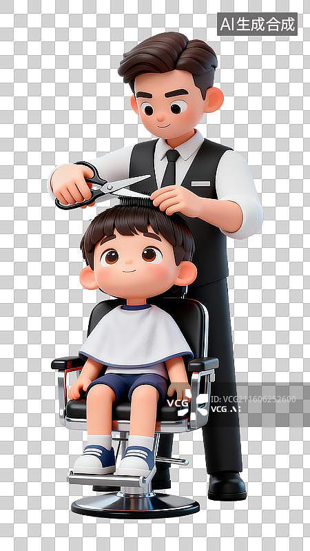 【AI数字艺术】3D立体卡通理发师给儿童理发二月二龙抬头免抠元素图片素材