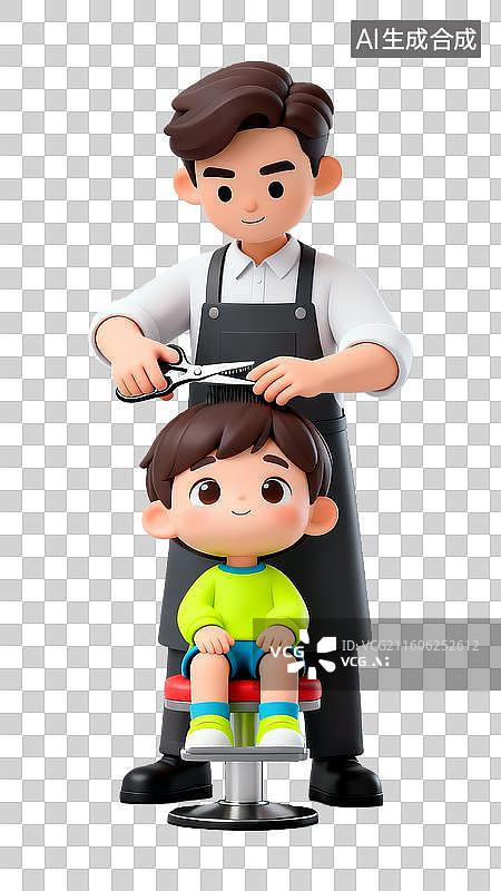 【AI数字艺术】3D立体卡通理发师给儿童理发二月二龙抬头免抠元素图片素材