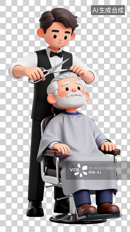 【AI数字艺术】3D立体卡通理发师给老人理发二月二龙抬头免抠元素图片素材