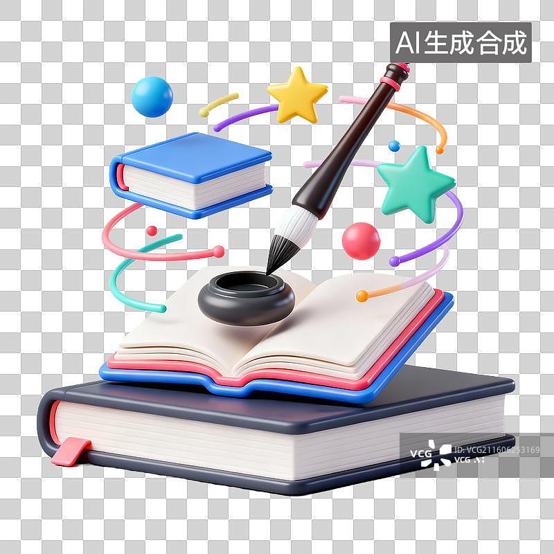 【AI数字艺术】3D拟物风格教育器具用品学科设计元素语文毛笔书法砚台图片素材