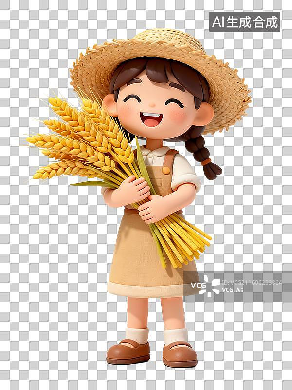 【AI数字艺术】可爱卡通女孩手持麦穗展现丰收景象图片素材