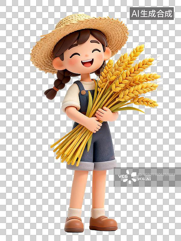 【AI数字艺术】可爱卡通女孩手持麦穗展现丰收景象图片素材