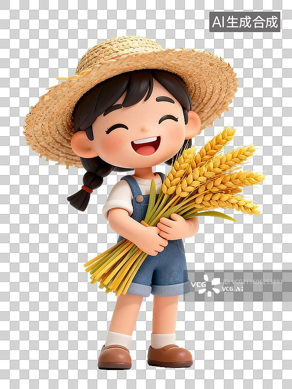 【AI数字艺术】可爱卡通女孩手持麦穗展现丰收景象图片素材