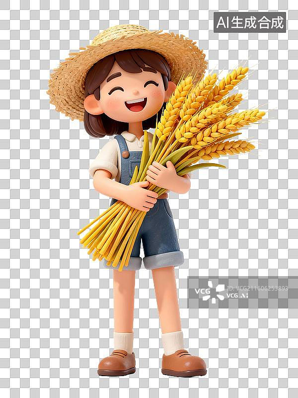 【AI数字艺术】可爱卡通女孩手持麦穗展现丰收景象图片素材
